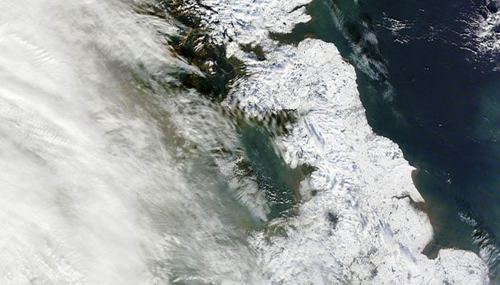 Britain in the snow seen from above